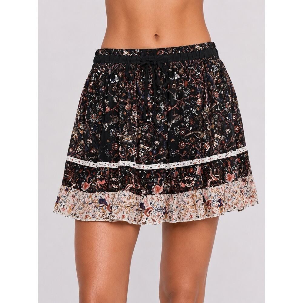 Ulla Johnson Ambroise Floral Silk Ruffle Mini Skirt Black Boho Size 2